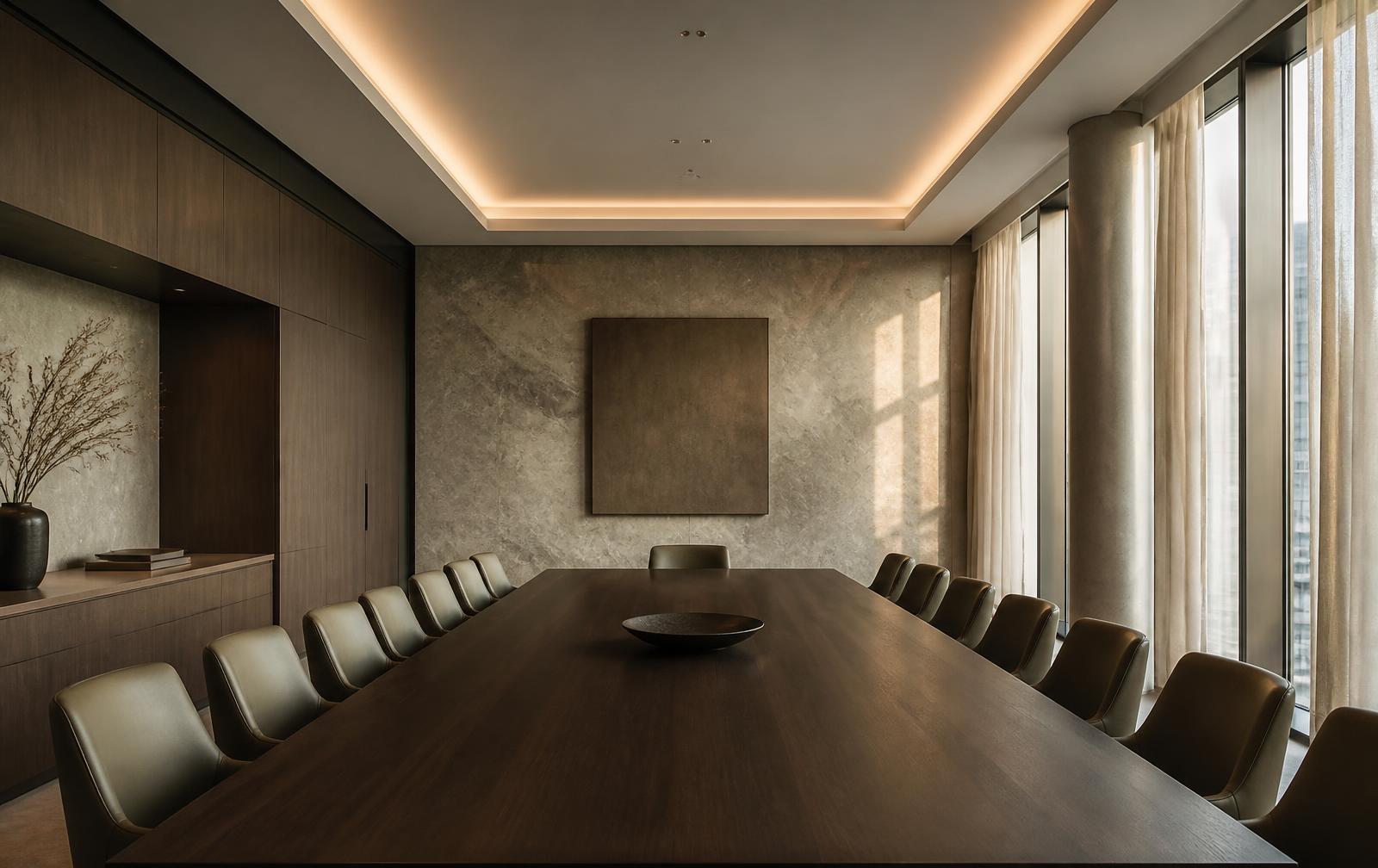 Empty boardroom with natural stone and walnut